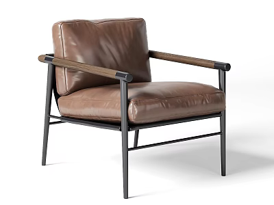Stylish Modern Brown Leather Accent Chair with Wooden Arms and Black Metal Frame 3d model