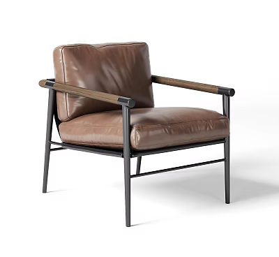 Stylish Modern Brown Leather Accent Chair with Wooden Arms and Black Metal Frame 3d model