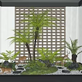Lush Natural Indoor Landscape With Ferns Palm Trees Deer Figurines Stones And Wooden Lattice