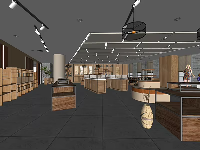 Shopping Mall Lobby Interior Design With Display Counters Lighting Fixtures And Wooden Elements 3d model