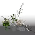Vase With White Daisies Green Plants Clear Glass Vase Gray Stone And Decorative Twigs