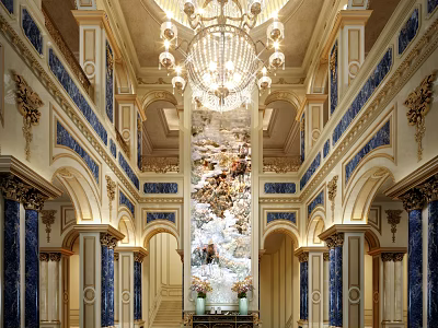 Elegant Luxury Hotel Lobby With Grand Chandelier Blue White Decor Large Mural And Symmetrical Columns 3d model
