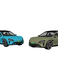 Two Modern Electric Cars In Blue And Green Colors With Sleek Design And Aerodynamic Body
