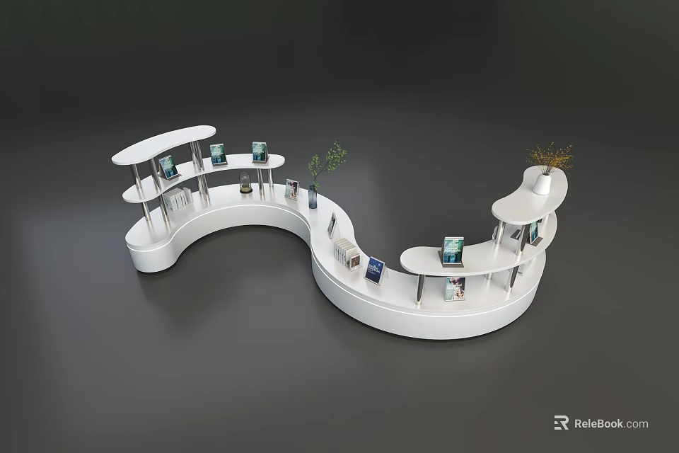 Modern White Curved Display Shelf With Decorative Items And Small Plants 3d model