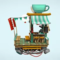 Cartoon Scene Floating Coffee Stand With Green Striped Awning Small Flags Wooden Platform Mechanical Support