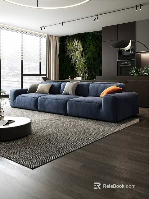 Modern Living Room With Blue Sofa Round Coffee Table Green Plant Wall And City View 3d model 