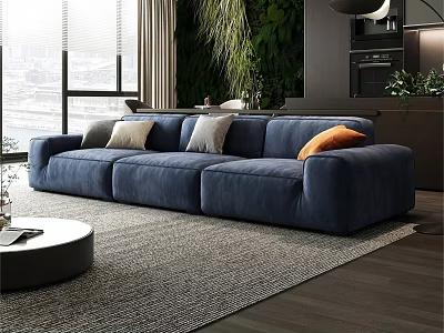 Modern Living Room With Blue Sofa Round Coffee Table Green Plant Wall And City View 3d model