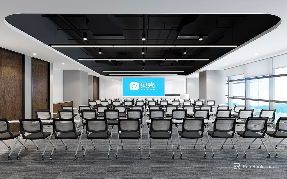 Modern Conference Room Interior Design Featuring Large Screen Neatly Arranged Chairs And Windows 3d model 