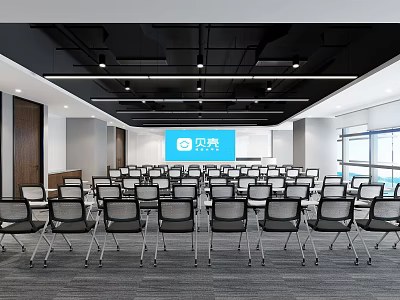 Modern Conference Room Interior Design Featuring Large Screen Neatly Arranged Chairs And Windows 3d model