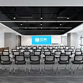Modern Conference Room Interior Design Featuring Large Screen Neatly Arranged Chairs And Windows