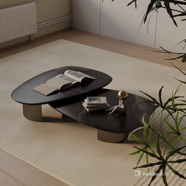 Modern Sofa Coffee Table Set With Black Irregular Design And Decorative Books Figurine Plants 3d model 