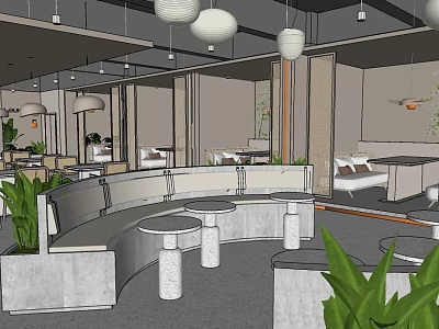Modern Restaurant Interior With Curved Booths Round Small Tables Pendant Lights And Green Plants 3d model
