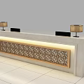 Modern Marble Reception Desk With Gold Table Lamps And Intricate Pattern Panel 3d model