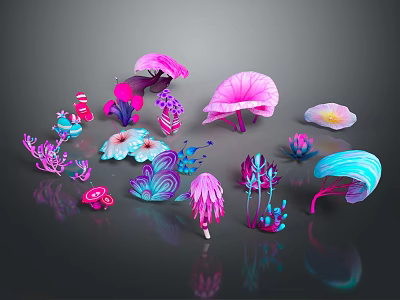 Colorful Fantasy 3D Rendered Plants with Mushroom Flower Jellyfish Shapes Reflective Effects Dark Background 3d model