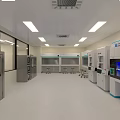 Laboratory Interior With Glass Partitions Stainless Steel Doors Circular Shelves Bright Lighting And White Ceiling