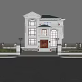 Two Story European Style Detached Villa With Large Windows Porch And Driveway