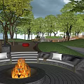 Park Landscape With Circular Fire Pit Stone Seating Green Trees And Grass 3d model