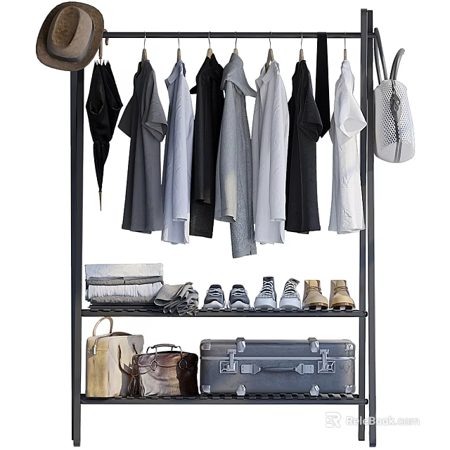 Clothes Rack With Hanging Clothes Umbrella Bags Shoes Suitcases And Folded Clothes 3d model 