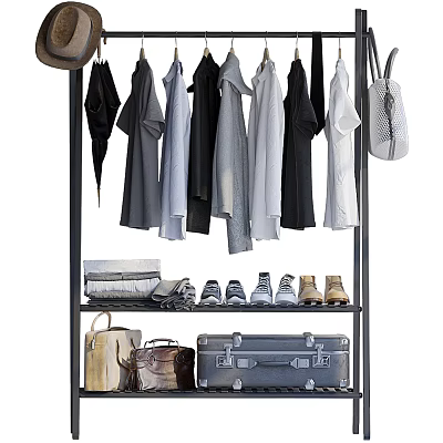 Clothes Rack With Hanging Clothes Umbrella Bags Shoes Suitcases And Folded Clothes 3d model