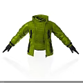 Green Jacket 3D Model With Zipper Pockets And Black Gloves On White Background