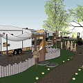 Garden Landscape With RV Awning Wooden Fence Trees Pathway And Lanterns