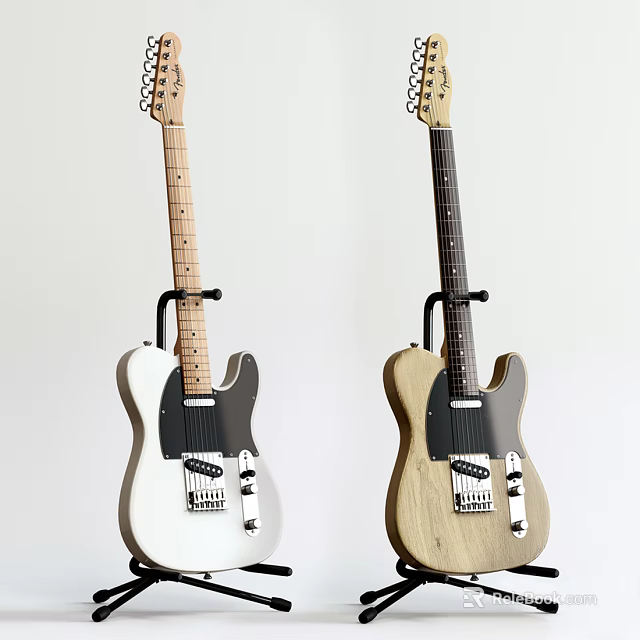 Two Electric Guitars White And Wooden Color Displayed On Stands With White Background 3d model 