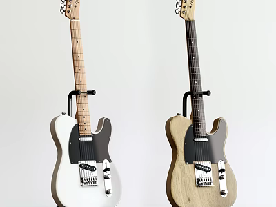 Two Electric Guitars White And Wooden Color Displayed On Stands With White Background 3d model