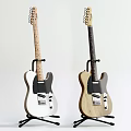 Two Electric Guitars White And Wooden Color Displayed On Stands With White Background