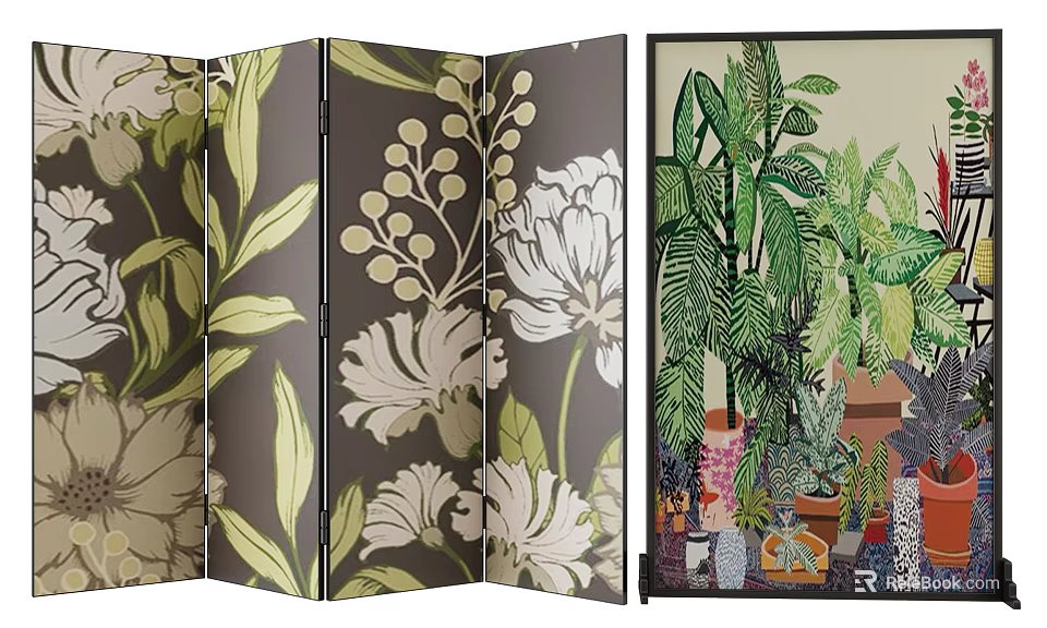 Decorative Room Divider with Floral Patterns and Green Plant Designs on Dark Background 3d model 