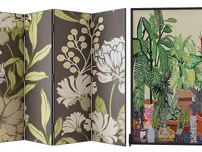 Decorative Room Divider with Floral Patterns and Green Plant Designs on Dark Background 3d model