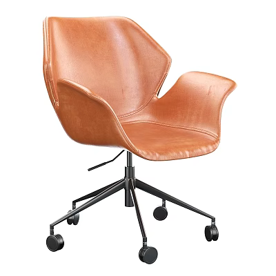 Modern Table and Chair Set with Brown Leather Chair Black Metal Base and Wheels 3d model