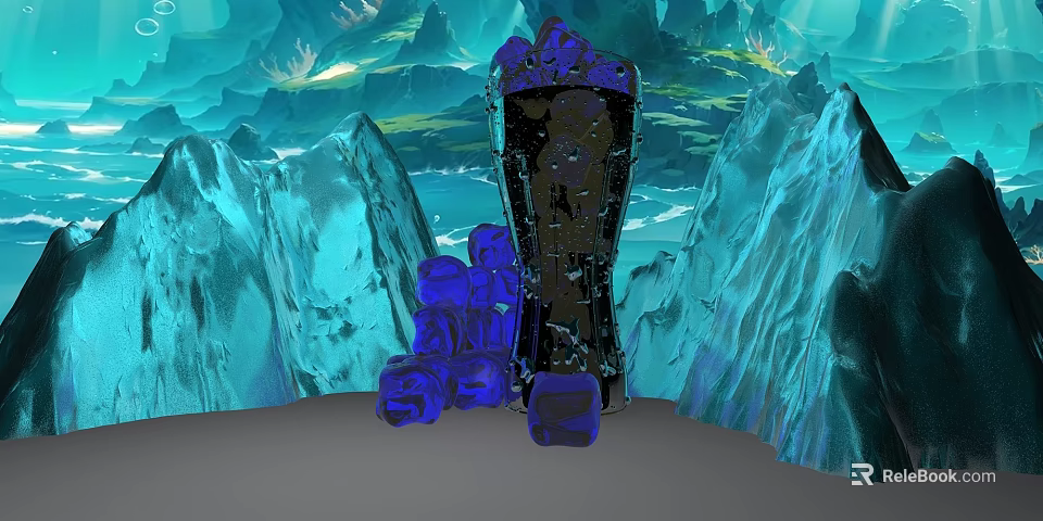 Blue Crystals And Black Pillar In Fantasy Blue Mountain Water Landscape 3d model 