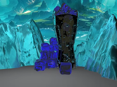 Blue Crystals And Black Pillar In Fantasy Blue Mountain Water Landscape 3d model