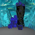 Blue Crystals And Black Pillar In Fantasy Blue Mountain Water Landscape