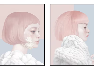Digital Female Profile Illustration With Pink Short Hair Chunky White Sweater And Pastel Background 3d model