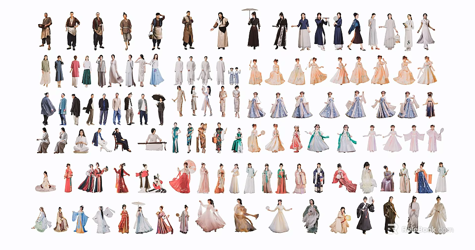 Multiple People in Various Traditional and Modern Costumes Standing Together 3d model 