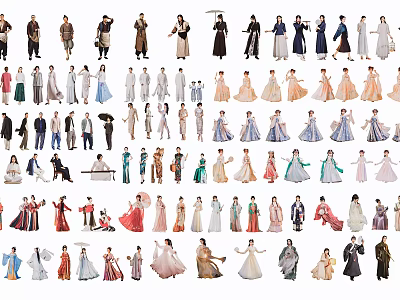 Multiple People in Various Traditional and Modern Costumes Standing Together 3d model