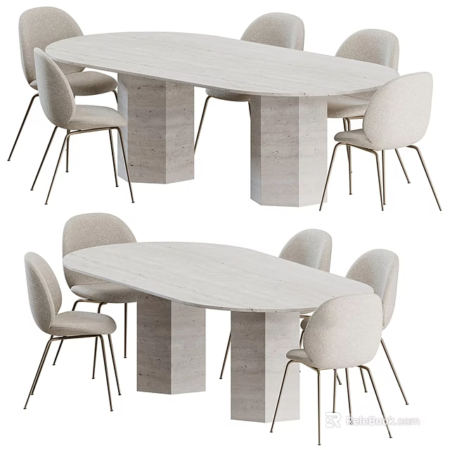 Oval Dining Table Set With Marble Top Column Legs And Six Modern Minimalist Chairs 3d model