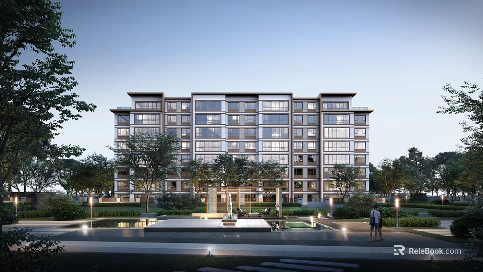 Modern Multi Story Residential Building With Greenery Water Features And Pedestrians Nearby 3d model 