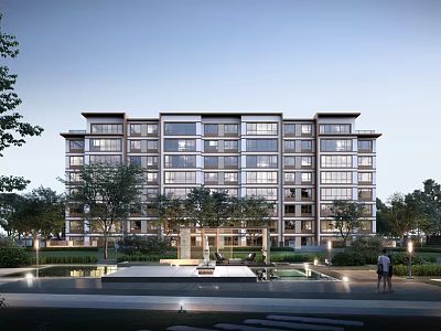 Modern Multi Story Residential Building With Greenery Water Features And Pedestrians Nearby 3d model