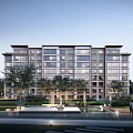 Modern Multi Story Residential Building With Greenery Water Features And Pedestrians Nearby