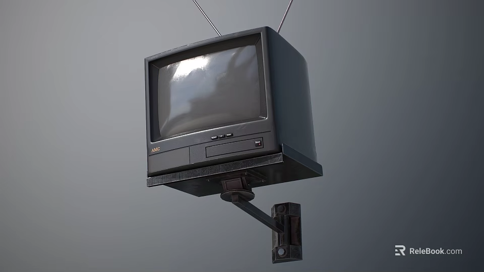 Vintage Retro Wall Mounted Television With Antennas And Black Screen 3d model 