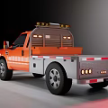 Orange Utility Truck With Snow Plow Warning Lights And Tow Flatbed Features