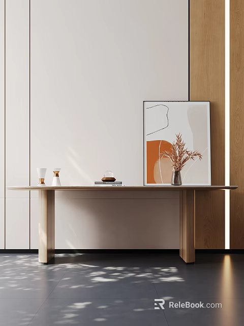 Modern Dining Table Setting With Framed Artwork Dried Flowers And Decorative Items 3d model