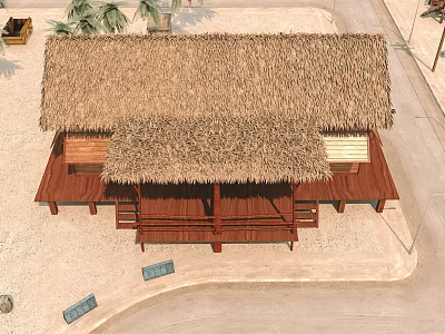 Thatched House With Wooden Structure Open Deck In Sandy Area Near Palm Trees 3d model