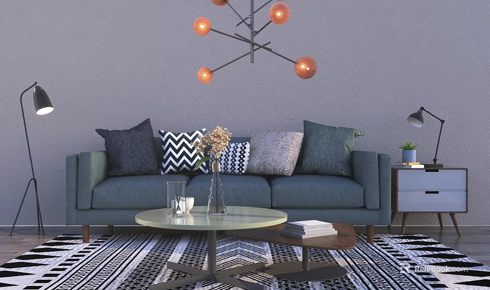 Gray Three Seater Sofa With Decorative Cushions Round Coffee Table And Geometric Pattern Rug 3d model