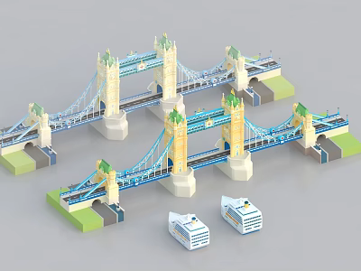 Multiple Tower Bridge Models With Blue Structures And Small Boats Nearby 3d model