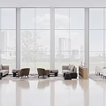 Bright Modern Hotel Public Lounge With Large Windows City View Green Plants And Comfortable Sofas
