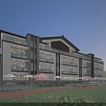 Chinese Style Boutique Guesthouse Building Modern Multi Story Balconies Lush Garden Flower Plants Evening Lighting