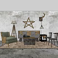 Vintage Sofa Coffee Table Set with Floor Lamp Deer Head Decor and Star Decoration